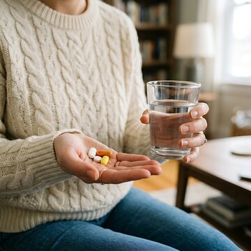 Man holding medical pills in one hand and a glass of clear water in the other indoors.