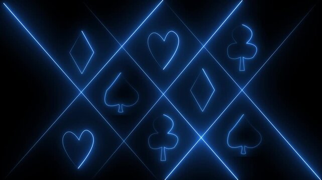 Neon spade suit or symbol of playing card, 4k gambling animation. Neon playing cards glowing on black background 4k motion video.