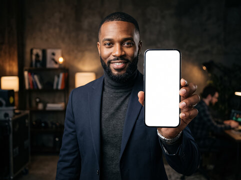 smiling african american man in jacket holding smartphone with blank white screen in office showing digital mockup for mobile application