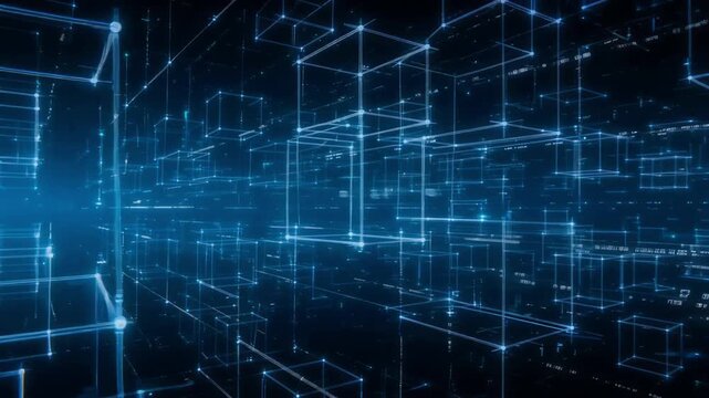 Glowing digital cubes moving through dark virtual space in this dynamic motion graphics animation video footage