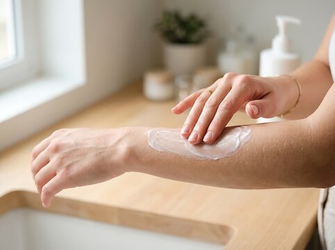 Close-up of hands spreading moisturizing cream onto arm skin in a clean white bathroom setting.