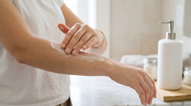 Person applying white moisturizing lotion on forearm near a lotion bottle on a marble bathroom counter.