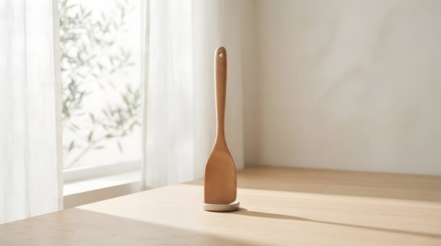 Modern cordless stick vacuum cleaner standing upright on a clean beige carpet in bright room