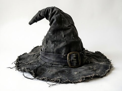 Vintage tattered black witch hat with brass buckle isolated against a solid white background for Halloween.