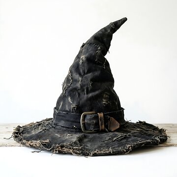 Old worn black witch hat featuring a bent point and metal buckle isolated on white studio backdrop.