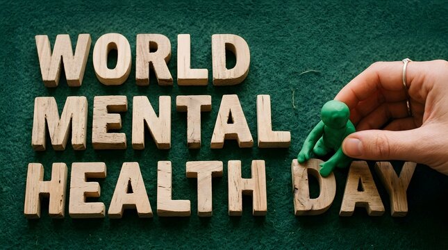 World Mental Health Day Wooden Block Letters on Green Background