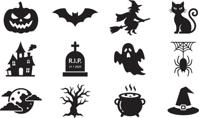Fototapeta premium Halloween icon set with spooky black silhouettes on white