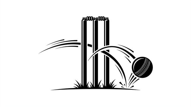 Cricket stumps and a fast moving ball bouncing on the pitch shown in a bold black and white vector art graphic style for sports branding