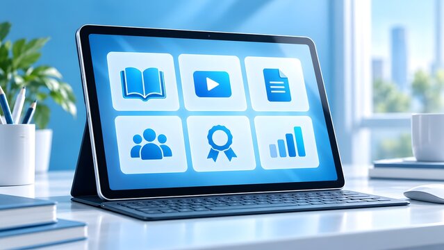 Digital tablet displaying e-learning platform interface with educational icons for online courses and corporate training programs