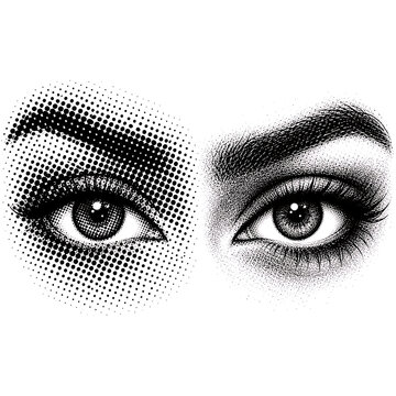 Detailed human eyes with expressive gaze in a stylized halftone dot pattern dotted texture black and white pop art graphic design vector illustration optical illusion halftone stippling