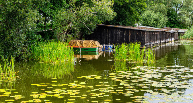 Idyllische Waserlandschaft mit Seerosen und alten Holzh&uuml;tten am Ufer, Ruppiner Seenplatte, Brandenburg, Deutschland