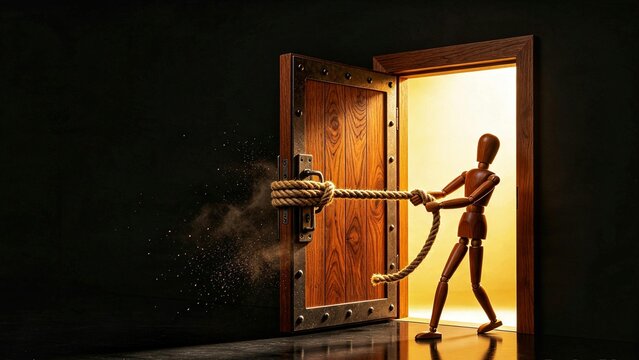 Wooden Mannequin Pulling Rope to Unlock Door to Golden Light &mdash; Courage, Struggle and New Beginnings Concept
