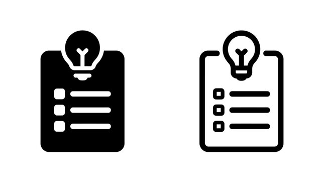 Creative brief vector icons featuring clipboard, checklist, and lightbulb idea concepts in black