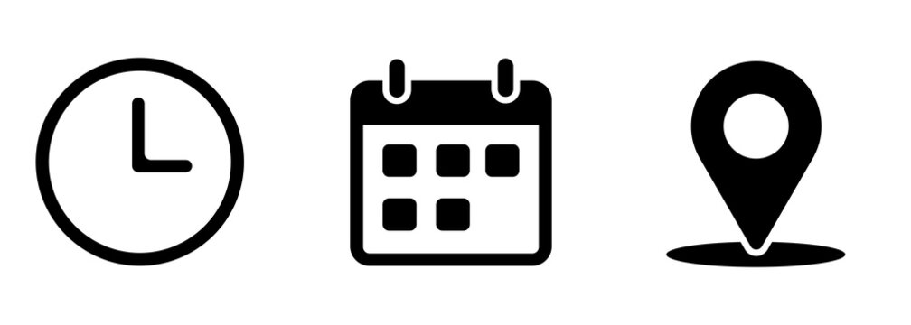 Time icon, Date icon, Address icon vector illustration, Event elements sign symbol isolated , Date symbol, Time symbol , Address symbol, date sign, calendar sign, location sign isolated