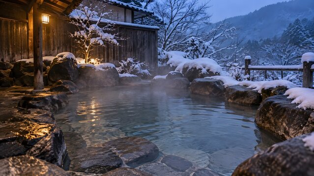 japanese outdoor hot spring surrounded by snow in winter