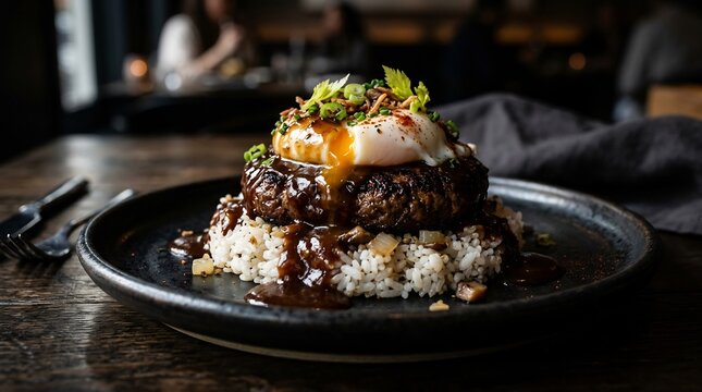 Savory Loco Moco with a grilled beef patty over white rice