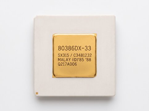 Vintage processor chip with gold cap plate centered on white ceramic background surface.