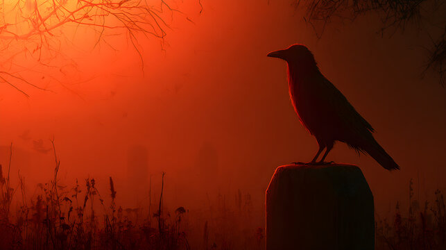 Halloween wallpaper, raven perched on a gravestone in a misty graveyard, haunting orange glow, deep red and black tones, dark fantasy art style, perfect for desktop wallpaper