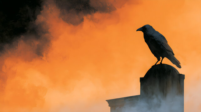 Halloween wallpaper, raven perched on a gravestone in a creepy old attic, ominous storm clouds gathering, orange and black color palette, watercolor illustration style, soft eerie fog effect