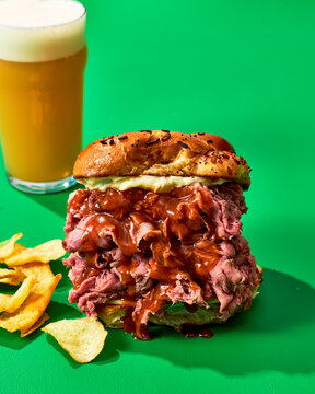 Loaded Roast Beef Sandwich and Beer