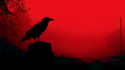 Obraz premium Halloween wallpaper, raven perched on a gravestone along a dark country road, gothic and mysterious charm, deep red and black tones, vintage horror poster style, crisp sharp focus