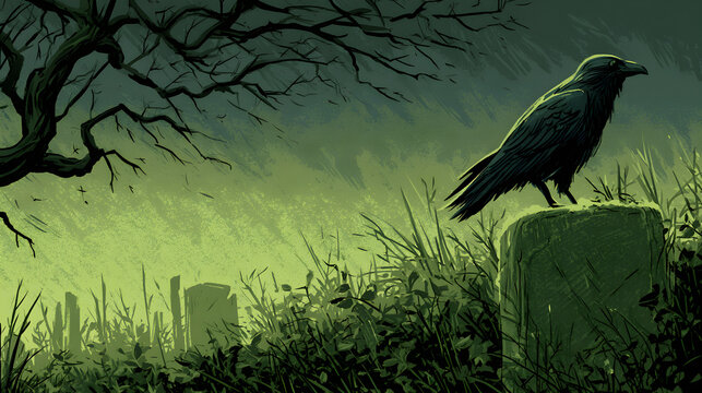 Halloween wallpaper, raven perched on a gravestone under a stormy night sky, flickering shadows everywhere, eerie green and black palette, hand-drawn spooky storybook style, dramatic shadow contrast