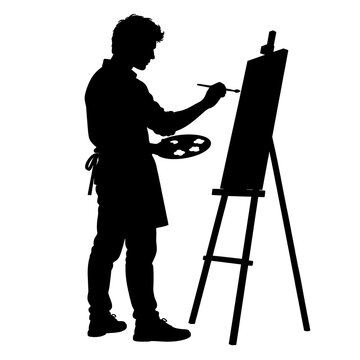 Silhouette of an artist painting on a canvas with a palette in hand fine arts black shape painter silhouette art studio black and white artist tool painting silhouette creative expression
