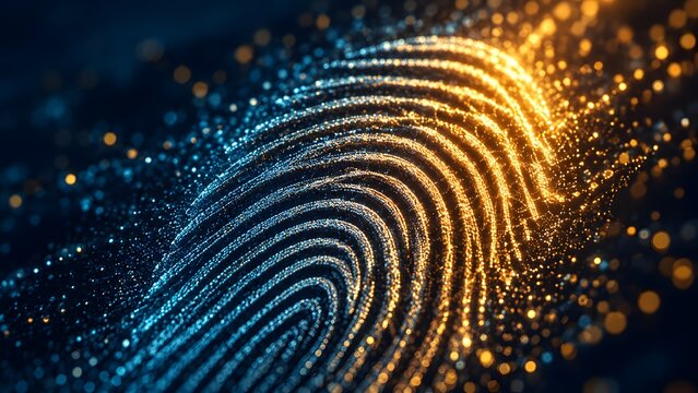 Abstract glowing digital fingerprint composed of blue and gold data particles representing biometric security and identity protection
