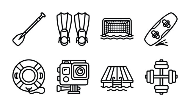 Water Sports and Fitness Gear Icons: A collection of outline icons representing various water sports and fitness activities, including a paddle, flippers, a water polo goal, a surfboard, a lifebuoy.