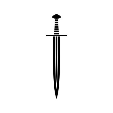 This is a minimalist vector illustration of a Medieval Long sword icon, featuring a simple, clean, and solid glyph style. The icon can be used as a symbol, sign, or logo.