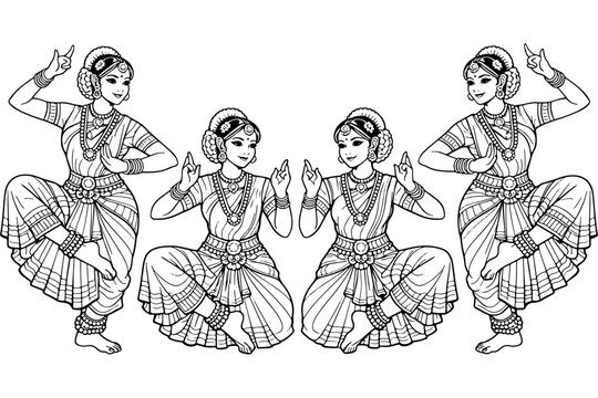 Indian Bharatanatyam Dancer Illustration &ndash; Classical Dance Line Art