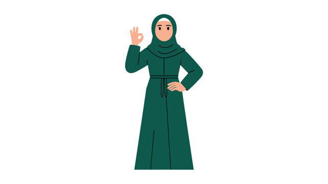 Muslim woman in a dark green abaya and matching hijab smiling while making an OK hand gesture, showing agreement or approval.