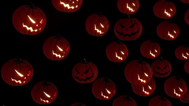 Jack-o-lantern Pumpkins dancing with head move and light animated on the beat, seamless loop halloween light show vj clip,3d render