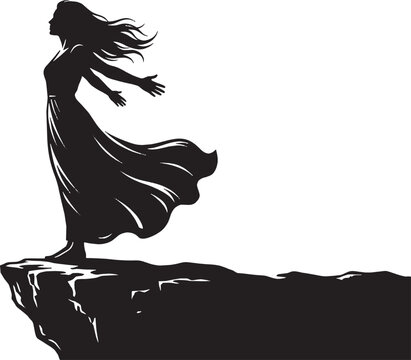 Silhouette of a woman standing on the edge of a cliff with her arms wide open feeling the wind blow isolated on transparent background, Vector