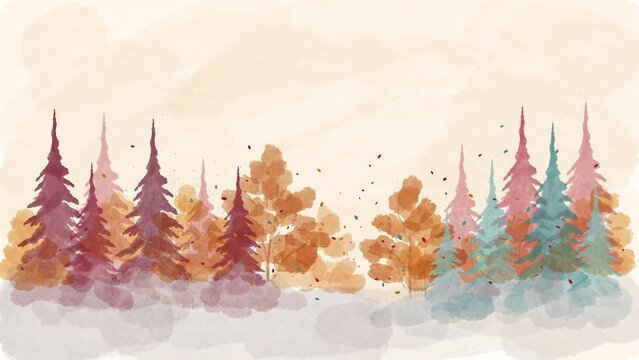 Watercolor painting of a forest with colorful pine and deciduous trees in autumn shades