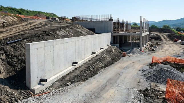 Large-scale concrete infrastructure project under construction, showcasing modern engineering and ongoing development with massive retaining walls and structural framework on a new site