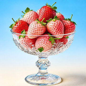 Fresh Red and White Pineberries in Vintage Crystal Glass Bowl on Blue Background