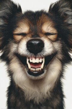 Cheerful dog smiling directly at camera with friendly expression on white background
