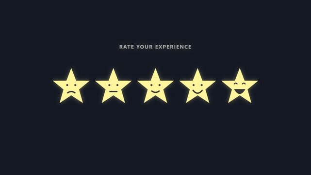 Customer Satisfaction Rating System with Five Yellow Stars and Emotive Facial Expressions on Dark Background