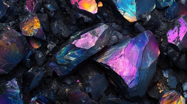 Pile of shiny black coal stones with colorful iridescent holographic reflections