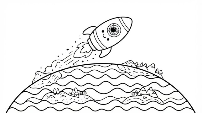 Cute cartoon rocket ship flying into outer space above the planet earth coloring page