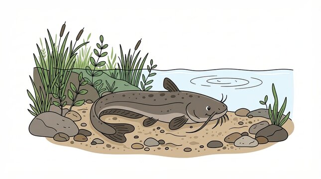 A cute cartoon catfish swimming in a shallow river with reeds and rocks and water