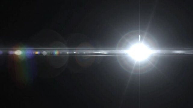 Bright white lens flare effect with rainbow colors on black background a bright light source