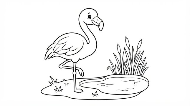 Cute flamingo standing by a pond for coloring page on a white background