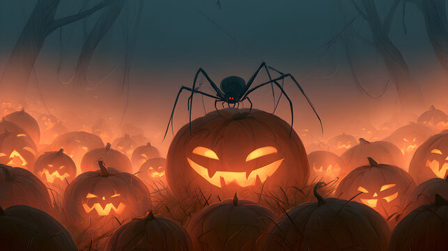Halloween wallpaper, spider crawling across a glowing pumpkin in a glowing jack-o-lantern field, eerie and chilling atmosphere