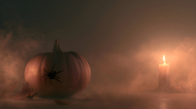 Halloween wallpaper, spider crawling across a glowing pumpkin by a flickering candle glow, ghostly cold mist in the air, muted autumn orange and brown palette, 3D render style, soft eerie fog effect