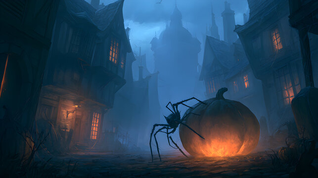 Halloween wallpaper, spider crawling across a glowing pumpkin in an old haunted town, sinister twilight atmosphere, moody dark blue and orange palette, dark fantasy art style, ultra detailed