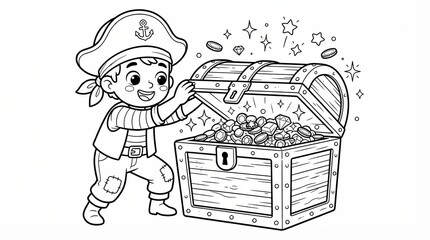 Fototapeta premium Happy little pirate boy opening a wooden chest filled with gold coins and diamonds