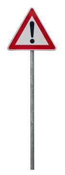 European traffic sign Other danger mounted on a metal pole, featuring a red triangular border with a white background and a black exclamation mark symbol inside, indicating unspecified danger. 