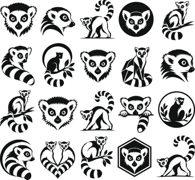 Black and white lemur mascot logo icon set vector template